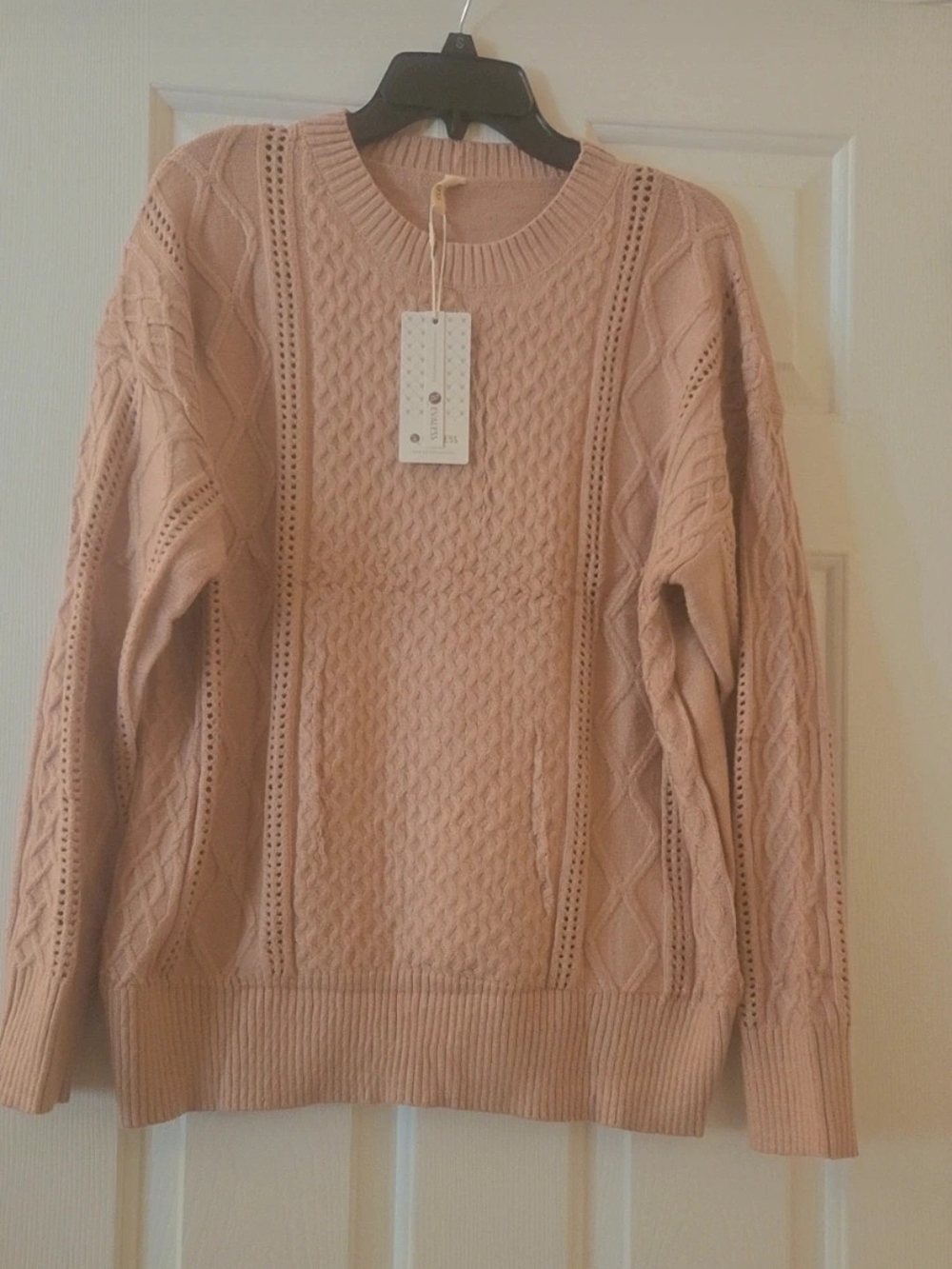 Evaless Women's Cable Knit Crewneck Sweater Beige L